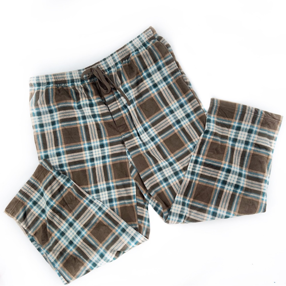 Stafford Men's Tan/Blue Plaid Fleece Sleep Pant Exceptionally Soft Size XL